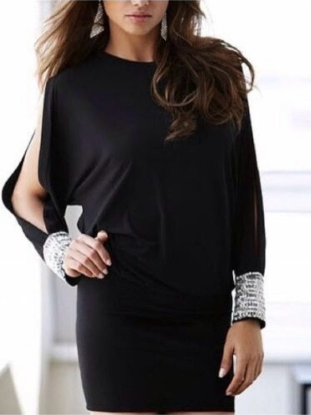 Moda International Beaded Black Embellished Open Sleeve Mini Dress Small Y2K